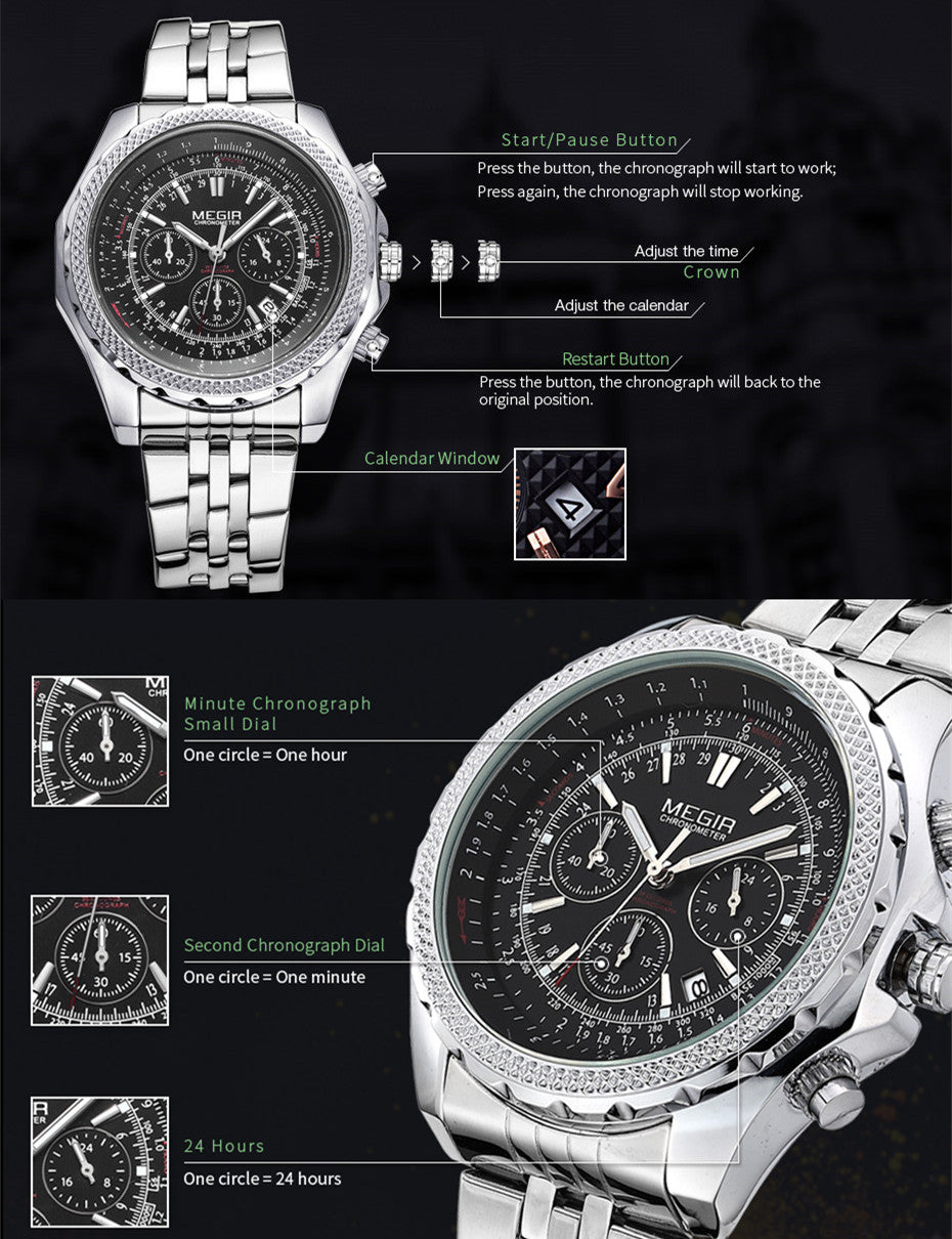 Fashion Business Men's Watch Stainless Steel Quartz Wristwatch with calendar - Velano